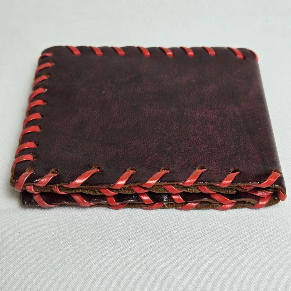 Handmade Bifold Leather Wallet Burgundy Red Contrast Stitching‎ Rustic Primitive